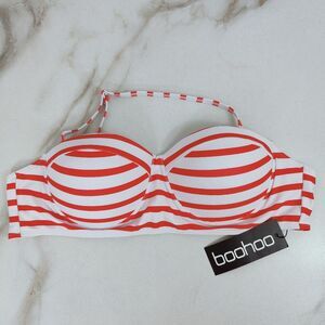 NWT Boohoo Plus Red White Nautical Stripe Bandeau Push Up Bikini Top, 12